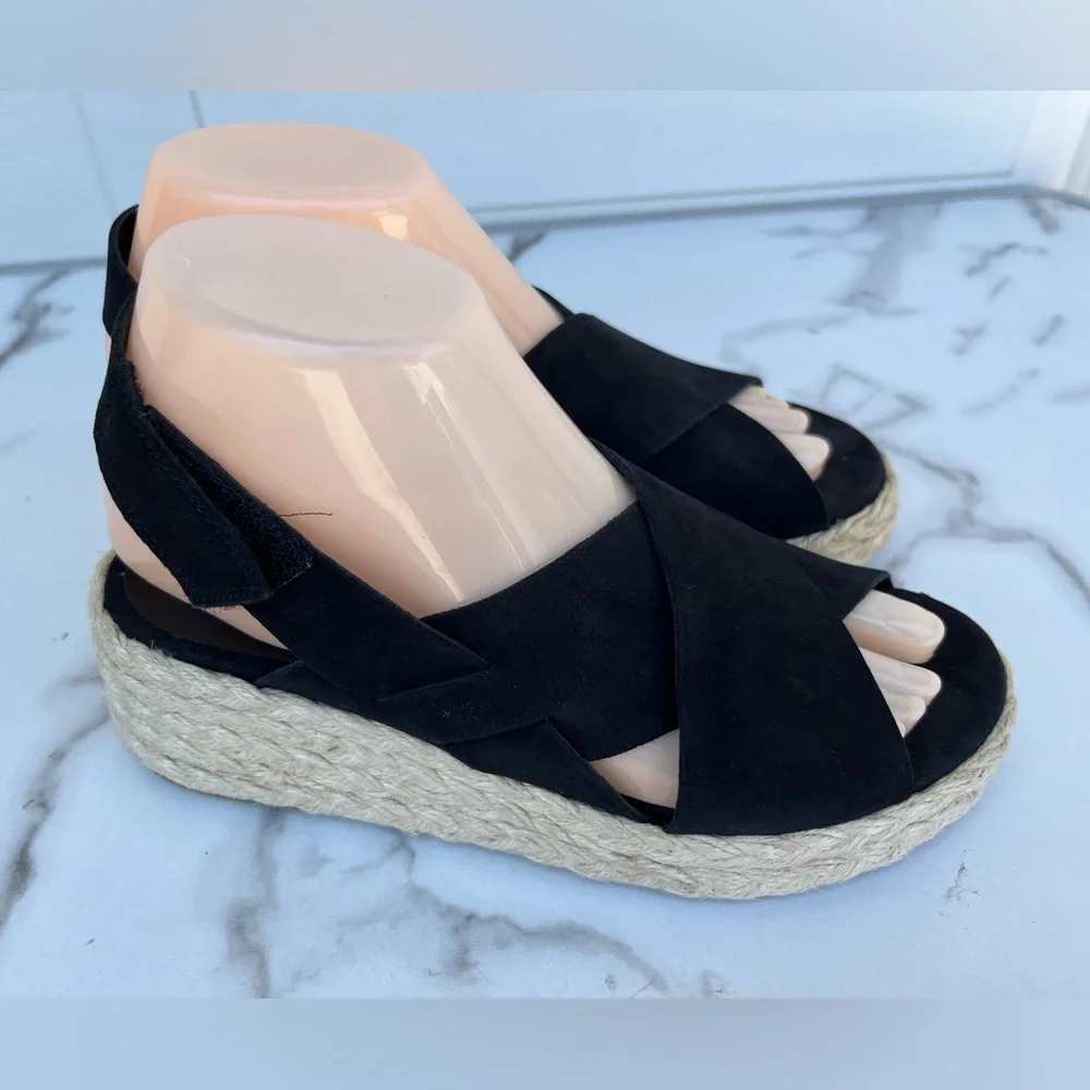 Women's Eileen Fisher Wedge Espadrilles black leather sandals size 6